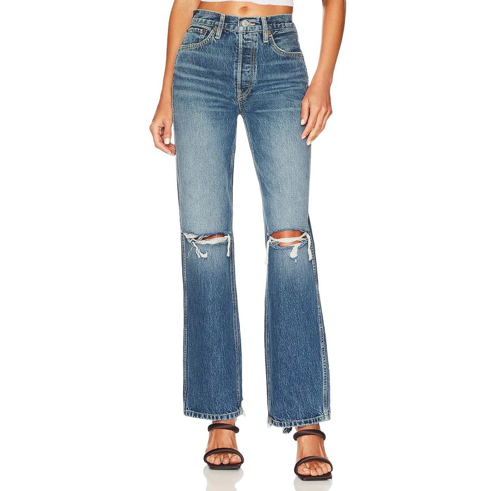 Re/Done 90s Women's High Rise Loose Jeans 29 Mar Blue Distressed Denim Organic